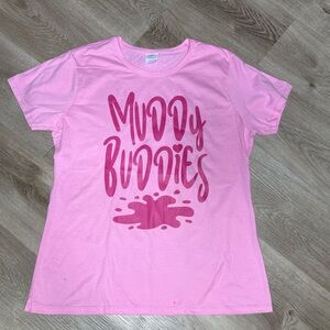 Pink “Mud Buddies” Graphic Tee – Women’s Large Cute Casual Shirt